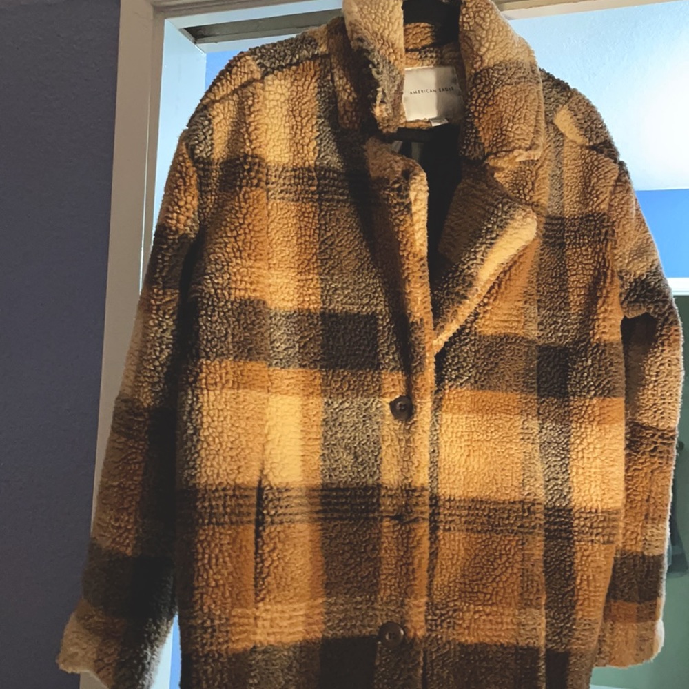 AE FAUX SHERPA PLAID COAT